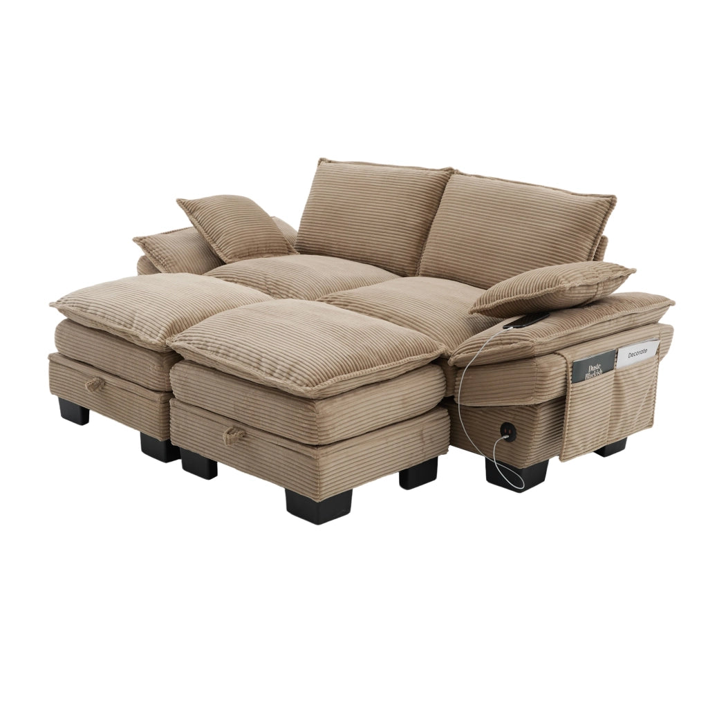 Divano modulare 2 posti in corduroy khaki con 2 pouf; porta USB-C e tasche laterali