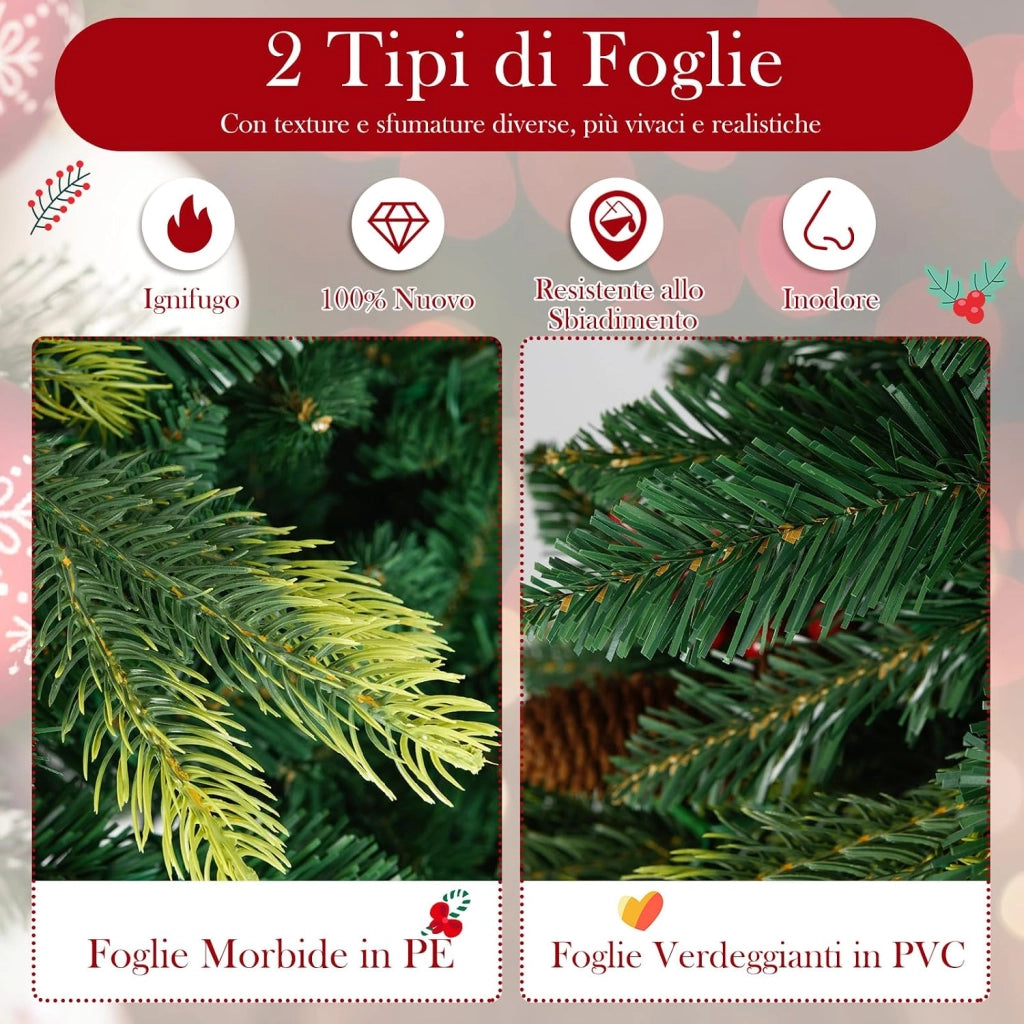 Albero di Natale Artificiale 150 cm, con 250 Luci RGB Multicolori Controllabili tramite APP, 584 Rami in PE & PVC, 23 Pigne e 23 Bacche Rosse e Controllo Remoto (150 cm)