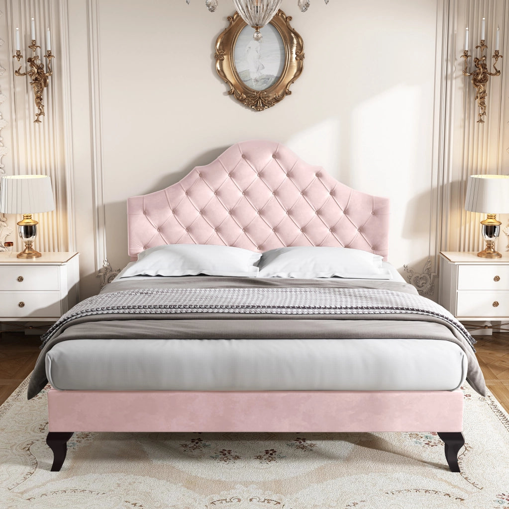 Letto imbottito 140x200 cm in velluto rosa con testiera regolabile