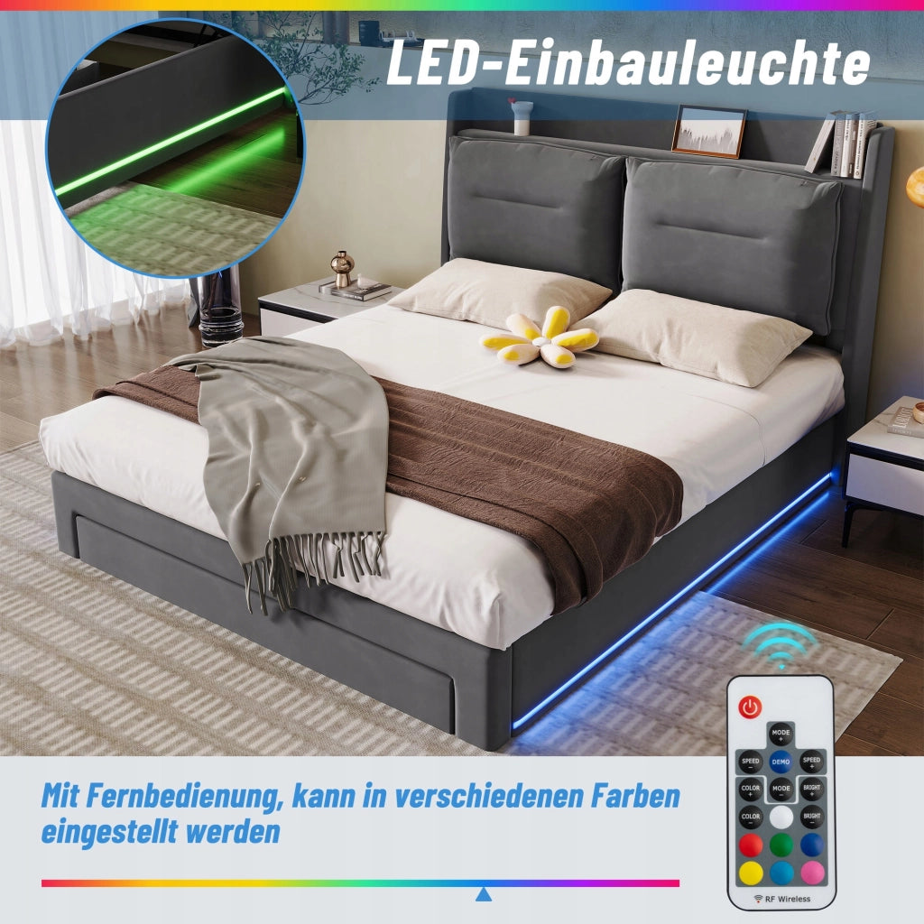 Letto imbottito 160x200 LED - Xylo - Grigio, velluto