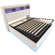 Letto contenitore matrimoniale 180×200 cm con LED; USB e vano idraulico; senza materasso; tessuto; beige
