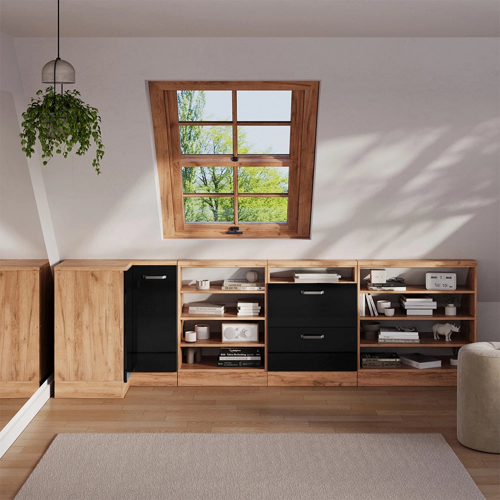 Mobile sottotetto Mobile angolare Rion Nero lucido/Rovere dorato 75.6 x 83.8 cm con 1 porta Vicco