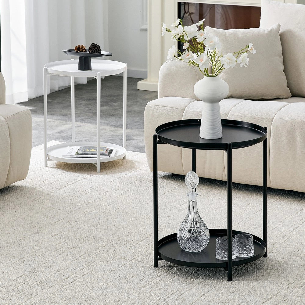 Tavolino Rotondo 2 Livelli ¨C MINIMAL ¨C Metallo Nero/Bianco, 42x52 cm