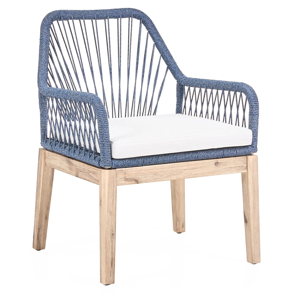 Set di 2 sedie da pranzo da esterno, struttura in polipropilene bianco e blu navy, gambe in legno di acacia, cuscini in poliestere, design moderno, rivestimenti sfoderabili, intreccio in corda