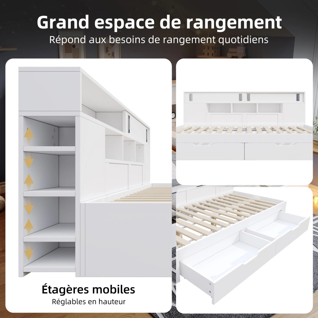 OKWISH Letto a Divano 140×190 cm, Letto Singolo Bambini con 2 Cassetti, Armadio Contenitore e Mensole, senza Materasso, in MDF, Bianco