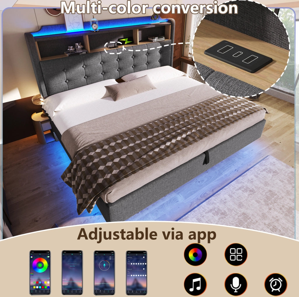 Letto imbottito 180x200 cm con LED; contenitore idraulico; USB e Type-C; lino; grigio