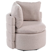 Poltrona in tessuto con schienale curvo base girevole a 360° con contenitore cuscini decorativi beige stile retrò angolo lettura