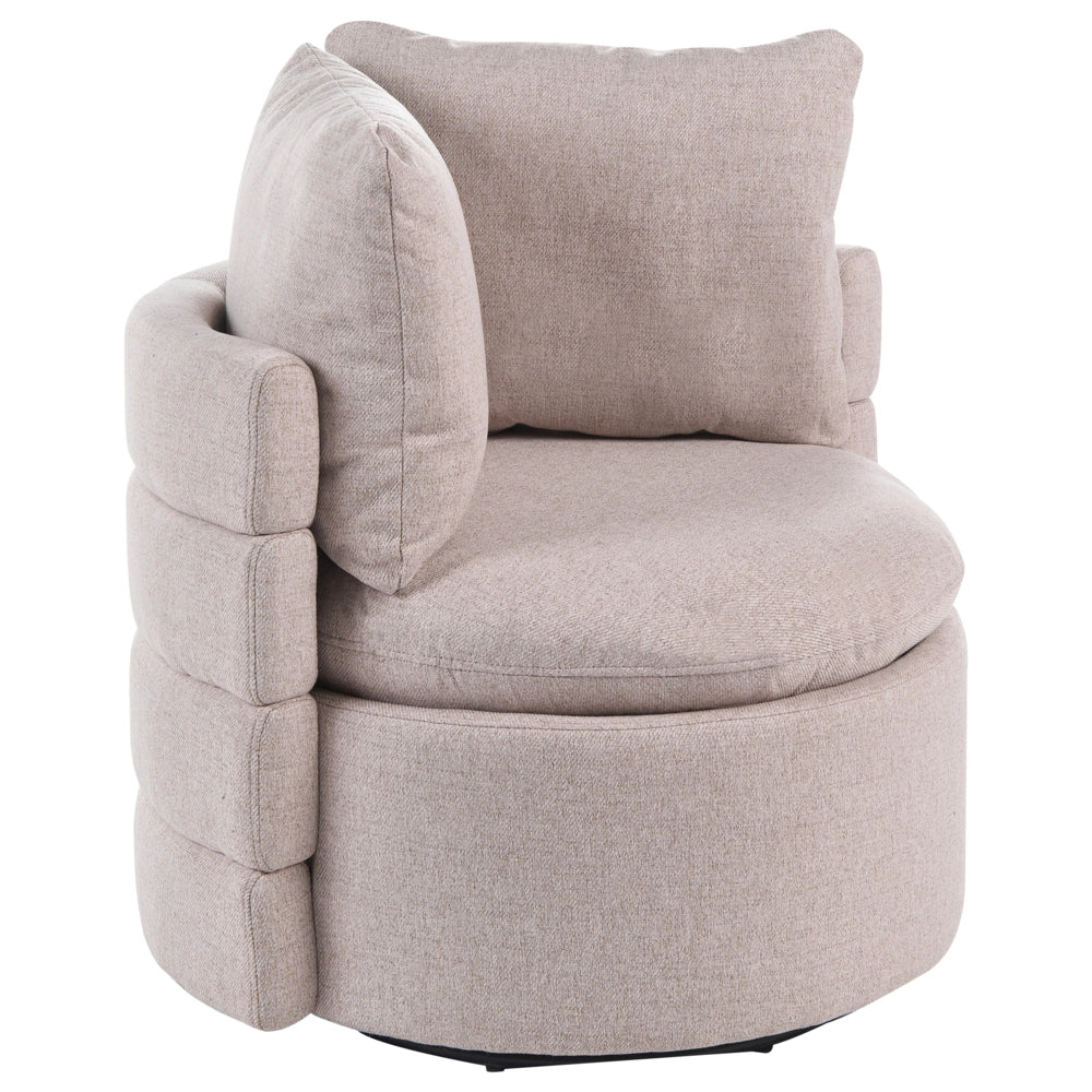 Poltrona in tessuto con schienale curvo base girevole a 360° con contenitore cuscini decorativi beige stile retrò angolo lettura