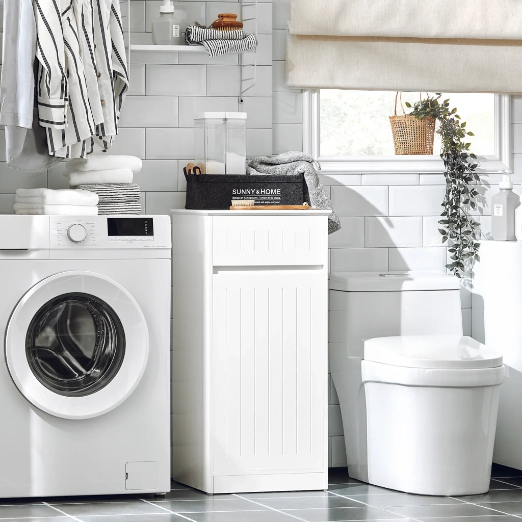 Mobile Lavanderia Con Cesto Portabiancheria Apribile, Cesto Portabiancheria Con Un Cassetto, Mobiletto Bagno Bianco 40x39x86cm BZR110-W SoBuy