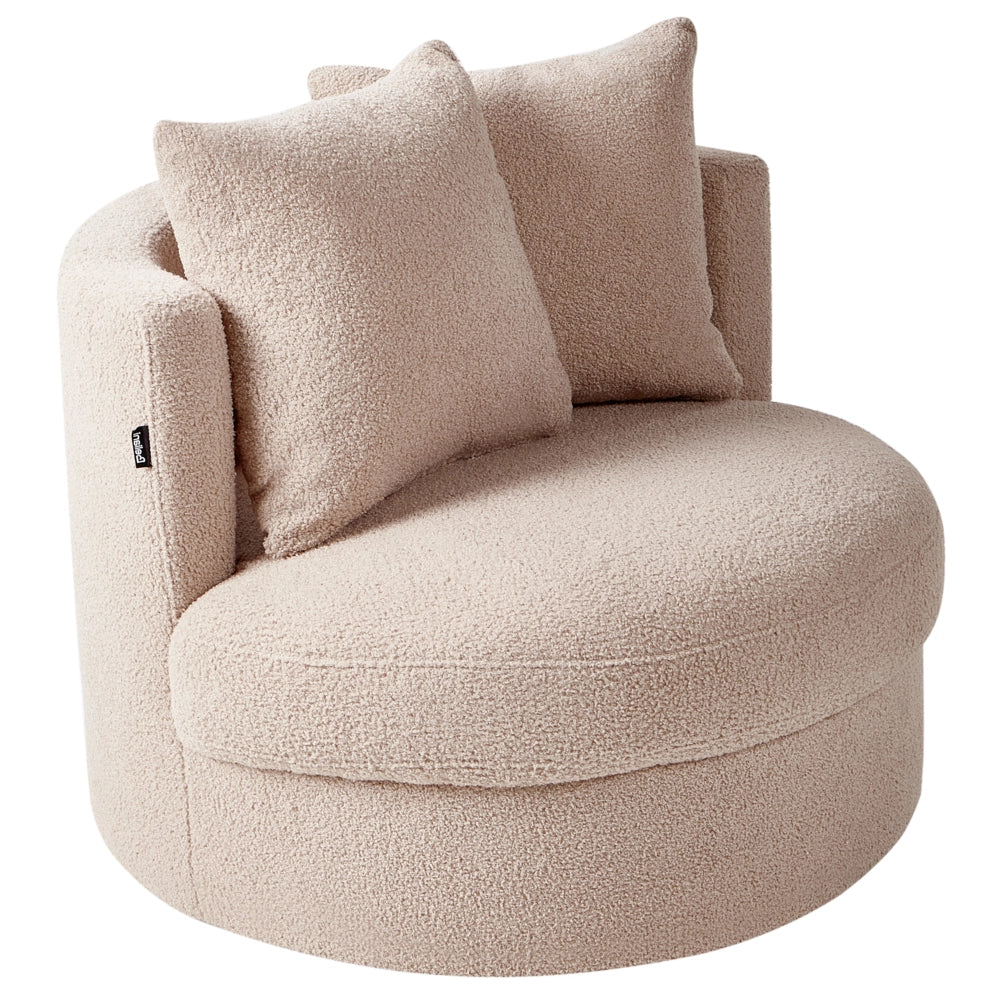 Poltrona Beige in boucle con base girevole in ferro Due cuscini sfoderabili Schienale rotondo Soggiorno moderno in stile glam