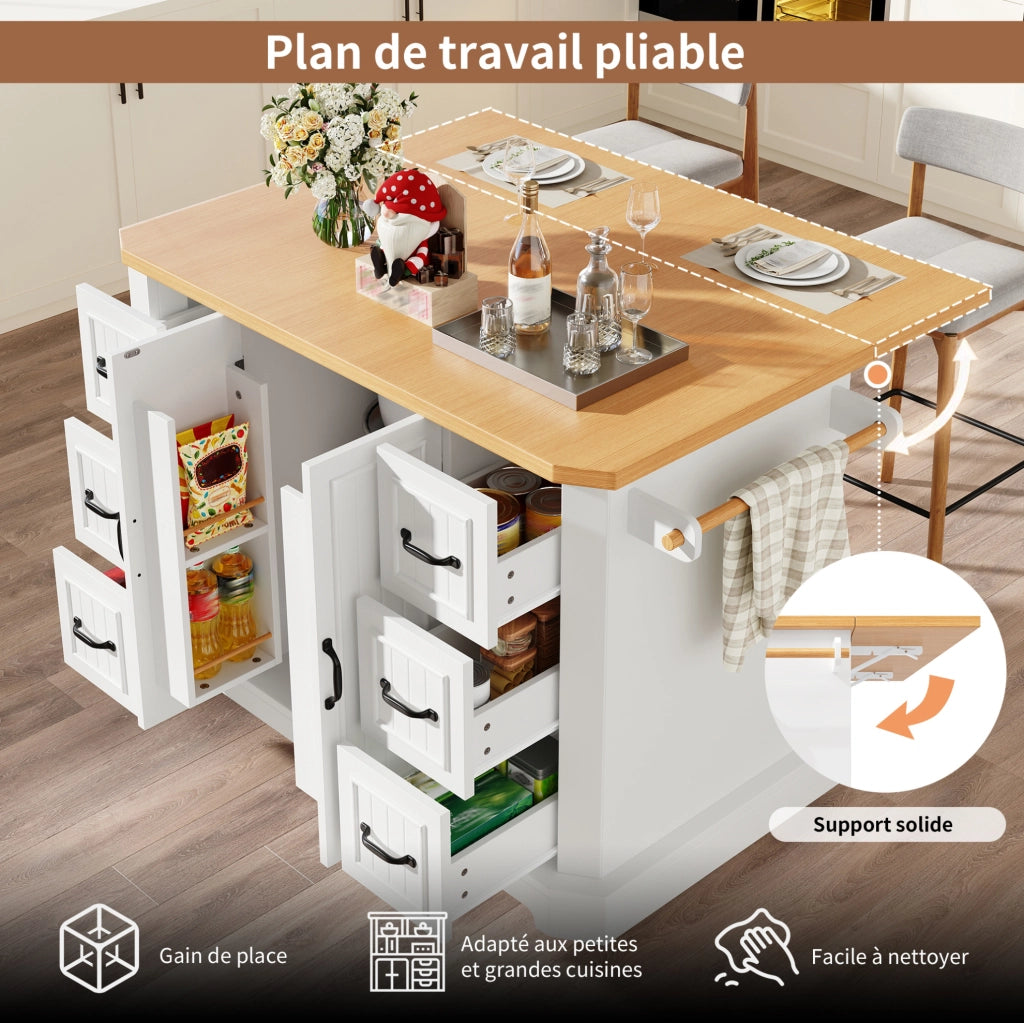 Isola da cucina mobile con 2 ante e 6 cassetti, MDF bianco/nero, 120x45x91 cm