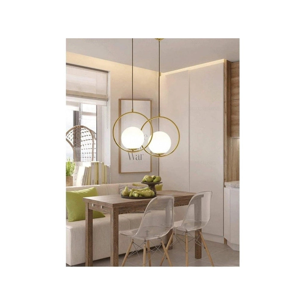 Trade Shop - Lampadario A Sospensione Cerchio Metallo Con Sfera Vetro Bianco Attacco E27 Oro 32811 -