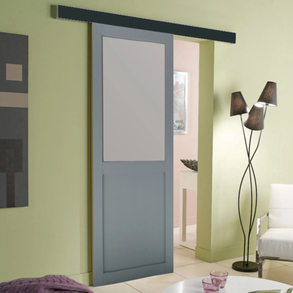 Porta scorrevole Athena Style Atelier En Enrobe Gris Clair Largeur 73 + Rail Alu Bandeau Noir