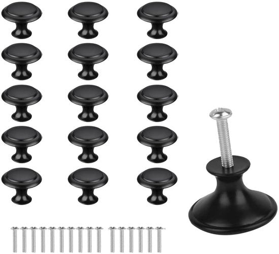 Pomme da maniglia 16 pezzi - Maniglie da porta rotonde 23 mm - Maniglie a mano - Maniglie da mobili - Stile vintage - Lega di alluminio nera