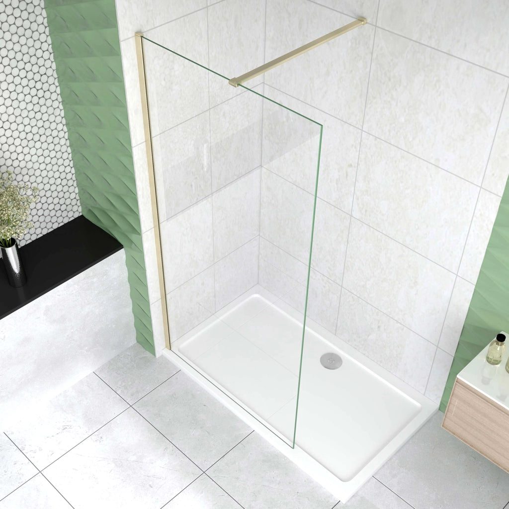 Box Doccia Walk In 50x200 cm Parete Fissa Vetro 8 mm Trasparente Anticalcare Oro Spazzolato Barra Piatta Stabilizzatrice 90 cm