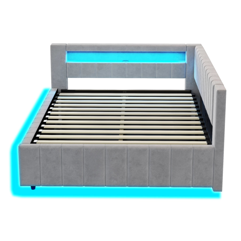 DESMIU Letto matrimoniale 140 × 200 cm con contenitore idraulico, LED, USB, senza materasso, in velluto, grigio