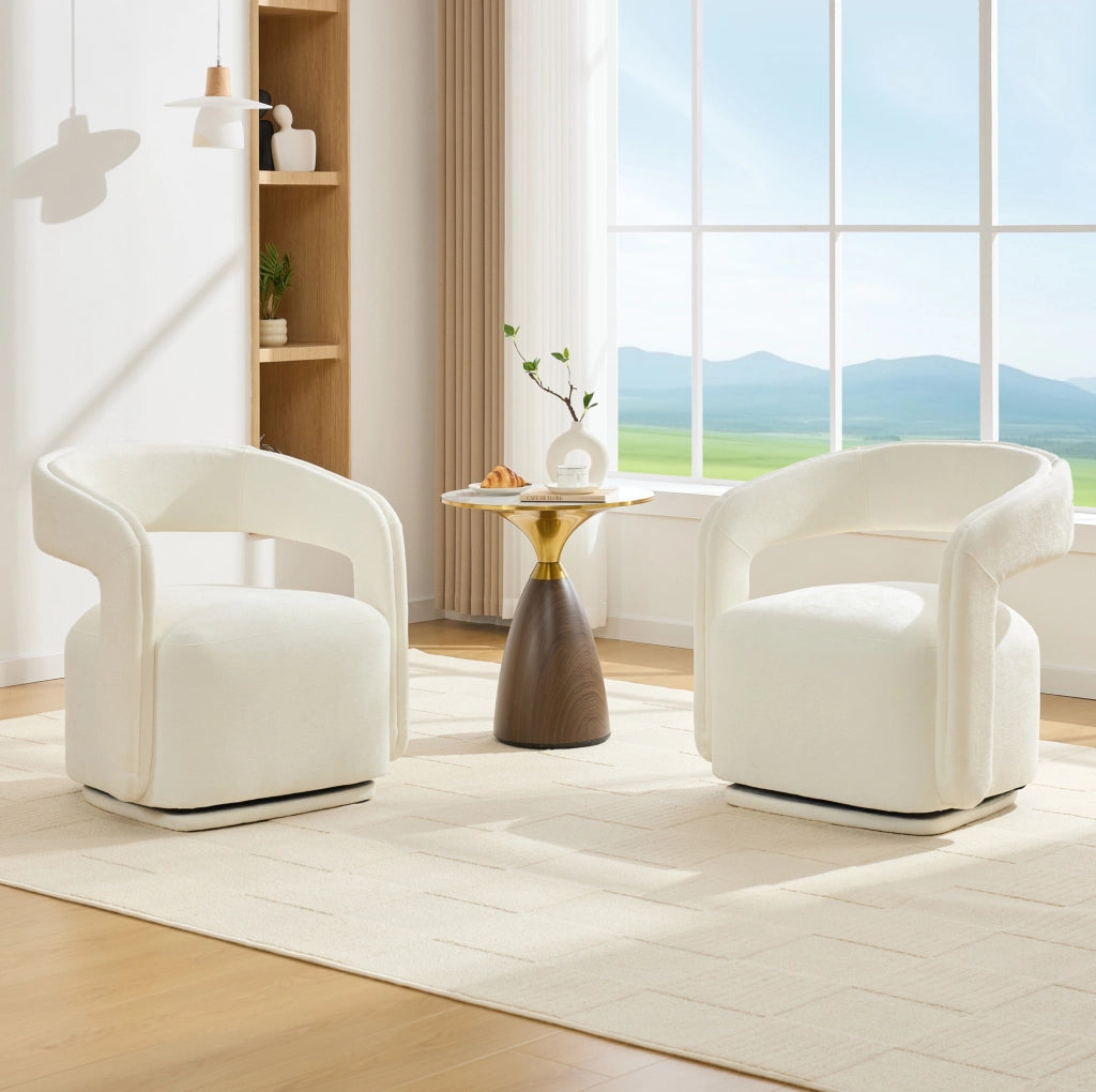 Poltrona girevole 360° in ciniglia bianca, design Barrel Chair