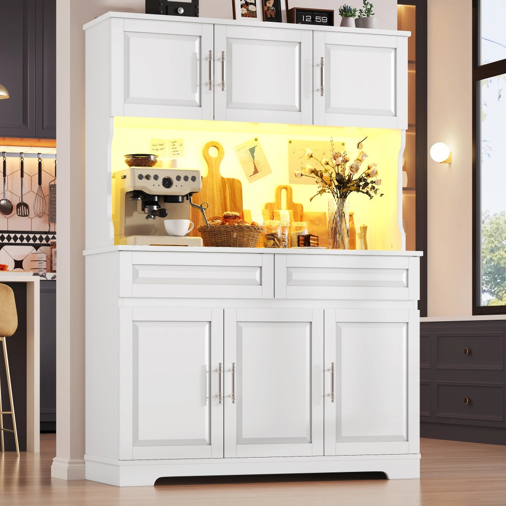 Credenza alta con LED e ripiani regolabili, piano di lavoro, per cucina e sala da pranzo, bianco, 108 × 40 × 180 cm