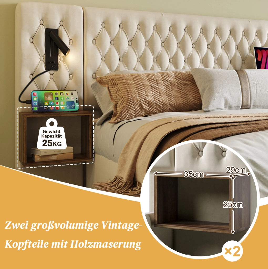 Letto matrimoniale 180x200 cm beige con comodini e luci USB