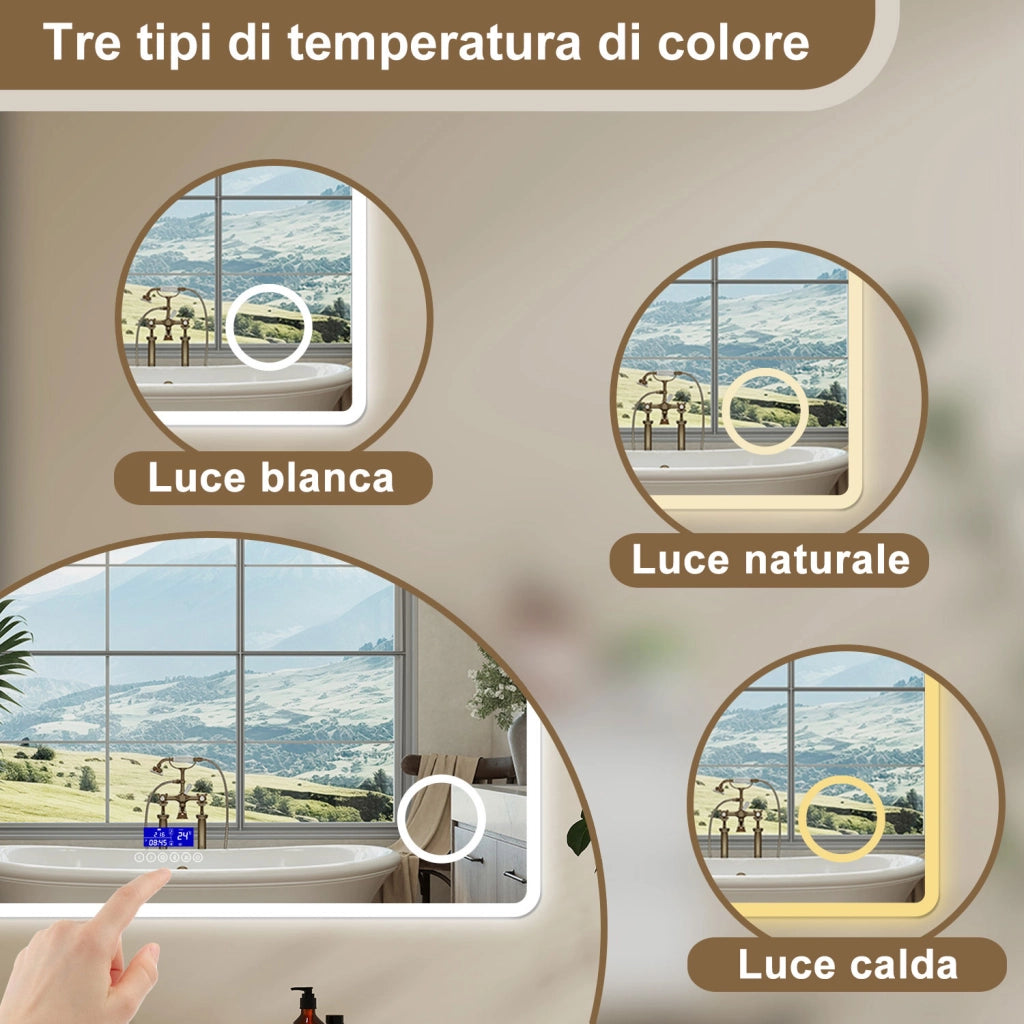 Aica Specchio da bagno bluetooth 120x70cm con antiappannamento + dimmerabile + 3 colori + ingrandimento 3X