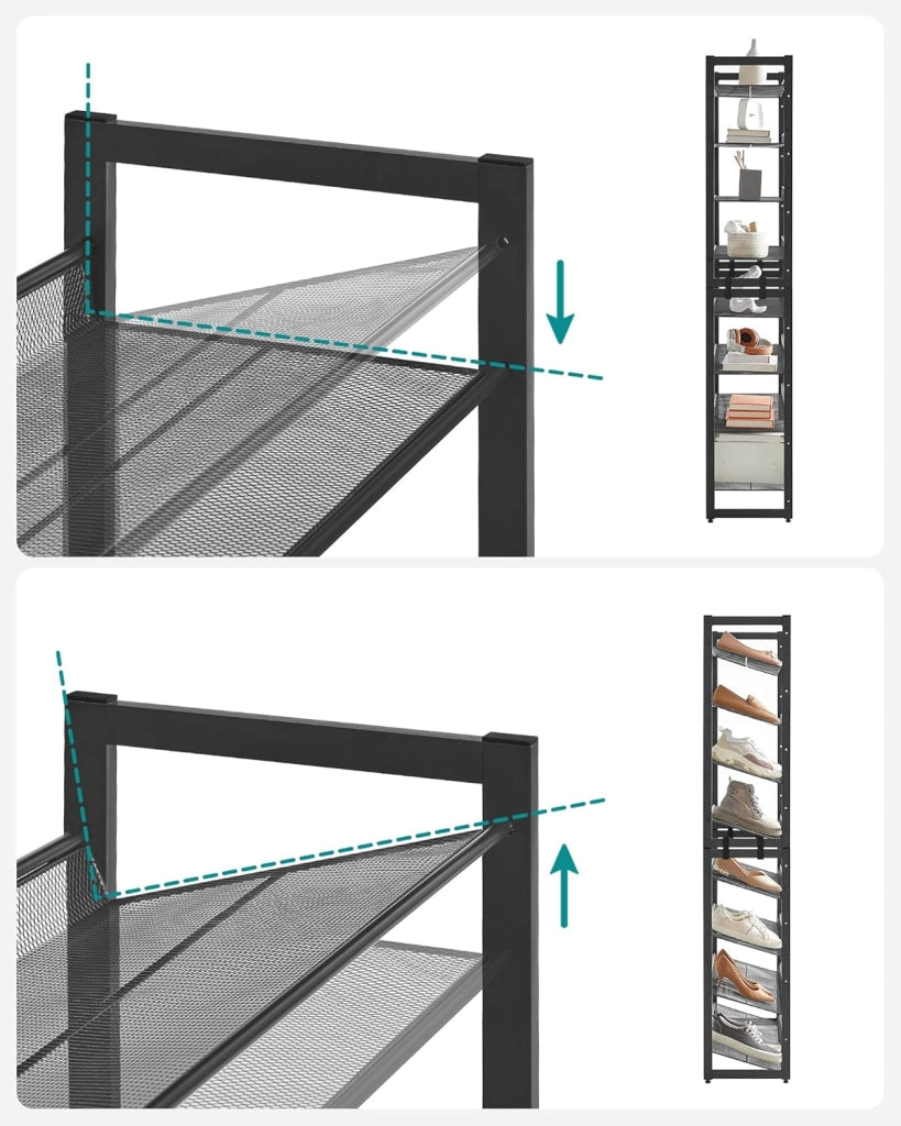 SONGMICS Scaffale Portascarpe a 8 Ripiani, Set di 2 Scarpiere Impilabile a 4 Livelli, Organizzatore per Scarpe con Ripiani a Rete in Metallo, Regolabili in Piano o ad Angolo, Nero LMR08B