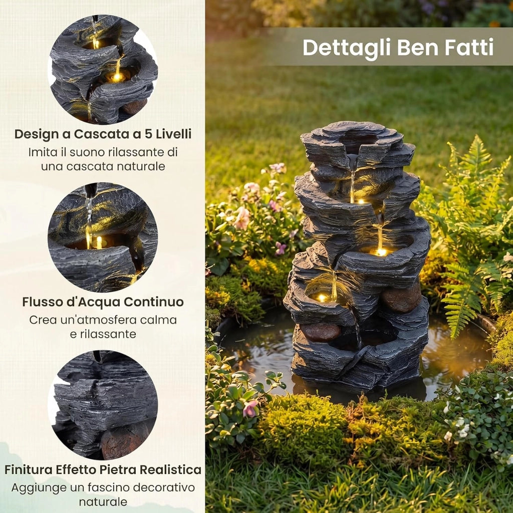 Fontana da Giardino, Fontanella Elettrica da Tavolo con Luci LED | Fontana Cascata in Resina a 5 Livelli con Flusso d'Acqua Regolabile e Pompa, da Interno ed Esterno per Terrazzo e Cortile
