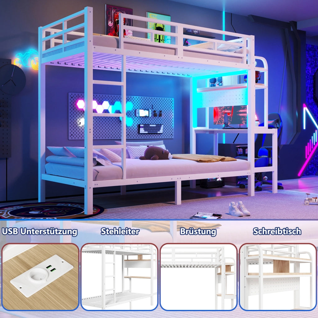 Letto a castello 90 × 200 cm con scrivania, ripiani, LED, USB, barriere di sicurezza, senza materasso, bianco