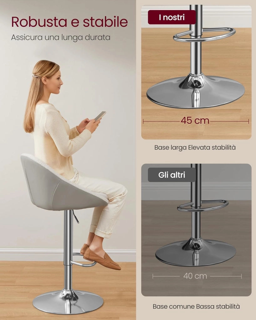VASAGLE Sedie da Bar, Set di 2 Sgabelli da Bar, Regolabile in Altezza, Girevole a 360°, Sedia da Cucina, con Schienale, Poggiapiedi, in Acciaio, per Bancone, Sala da Pranzo, Bianco Crema LJB110W01