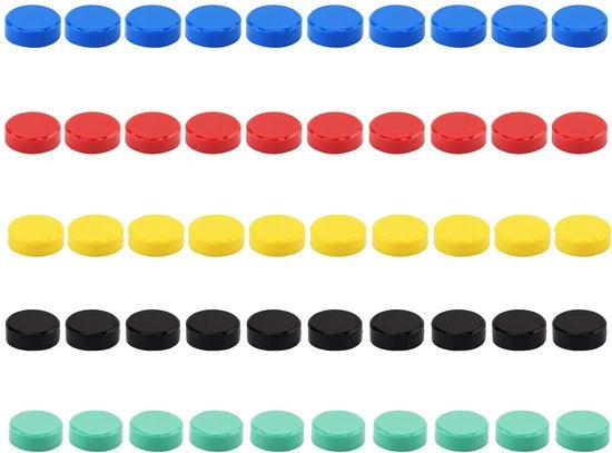 Magnetini per frigoriferi, 50 pezzi, 5 colori, magneti per lavagne bianche, piccoli magneti, magneti rotondi per lavagne bianche, frigoriferi, uffici, scuole e lavagne.