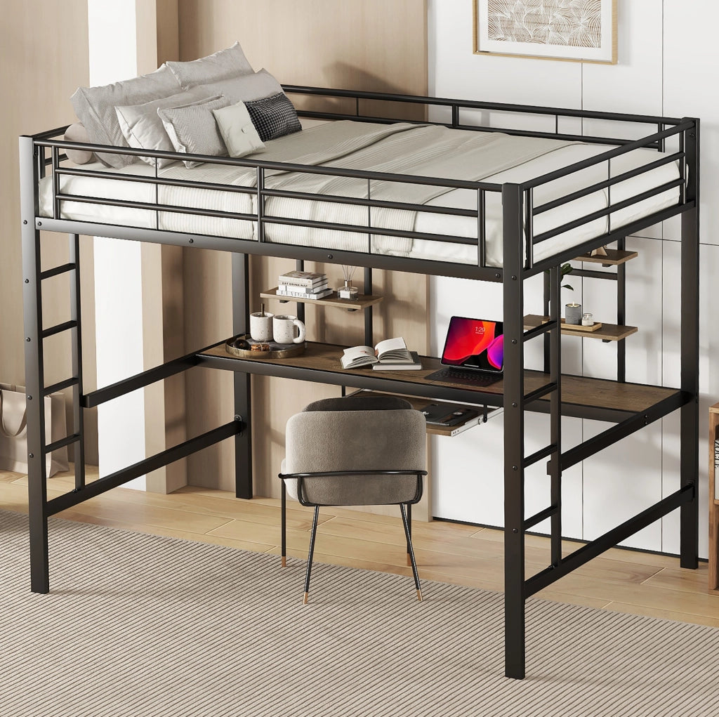 Letto a soppalco 140x200 cm nero in metallo con scrivania e 2 librerie