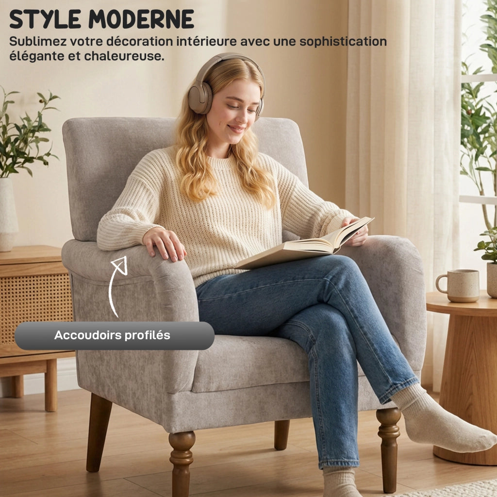 Poltrona tessuto lino grigio con schienale alto, braccioli, seduta larga, piedi legno - Xylo