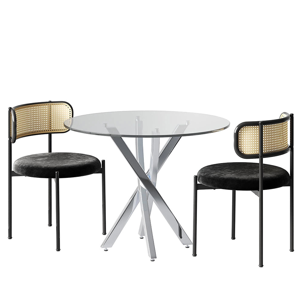 Set di tavolo e sedie - Xylo - 80x80x75cm - Vetro temperato, gambe argentate, sedie nere