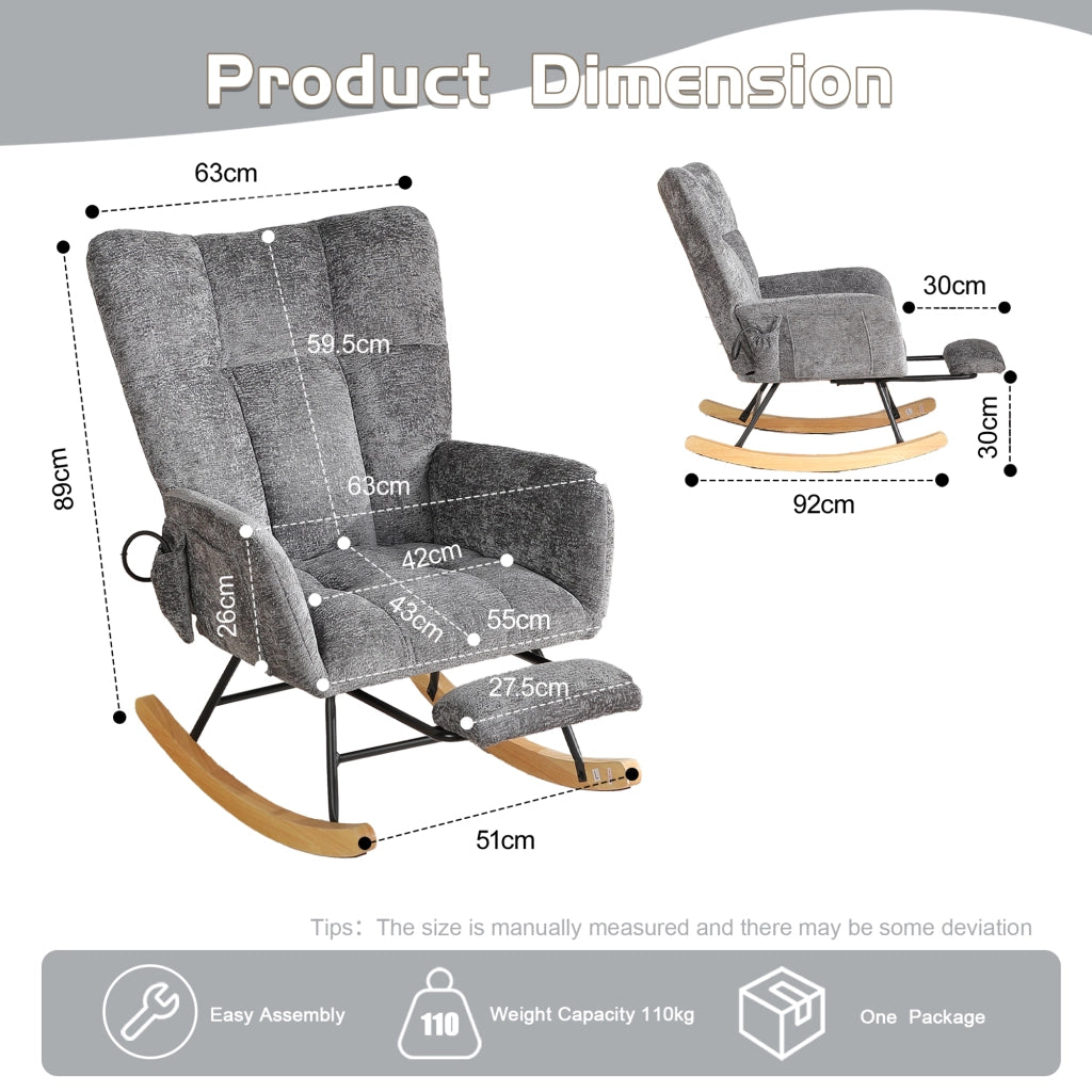 POLTRONA a dondolo con poggiapiedi e tasca laterale Chenille Grigio scuro
