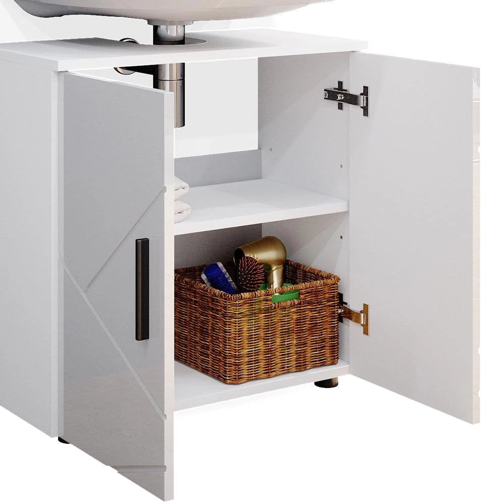 Set mobili bagno Irma, Bianco lucido, 80 cm, composto da mobile lavabo, pensile a specchio, colonna e base media