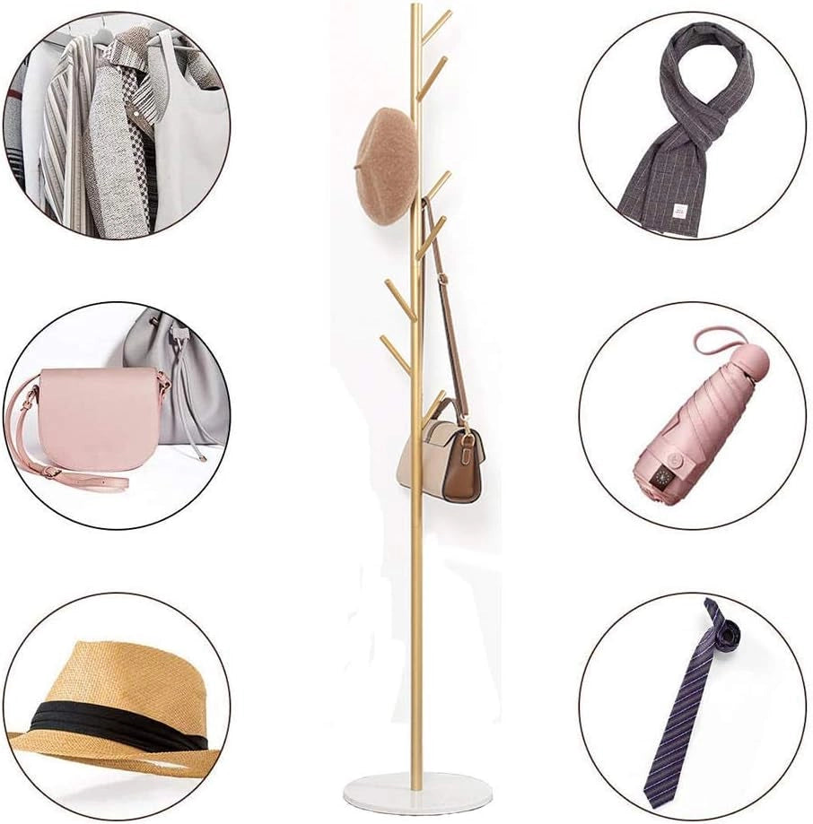 Appendiabiti in Ottone Anticato con 8 Ganci, Design ad Albero, Appendiabiti Indipendente con Base in Marmo, Supporto per Cappotti, Cappelli, Sciarpe e Vestiti