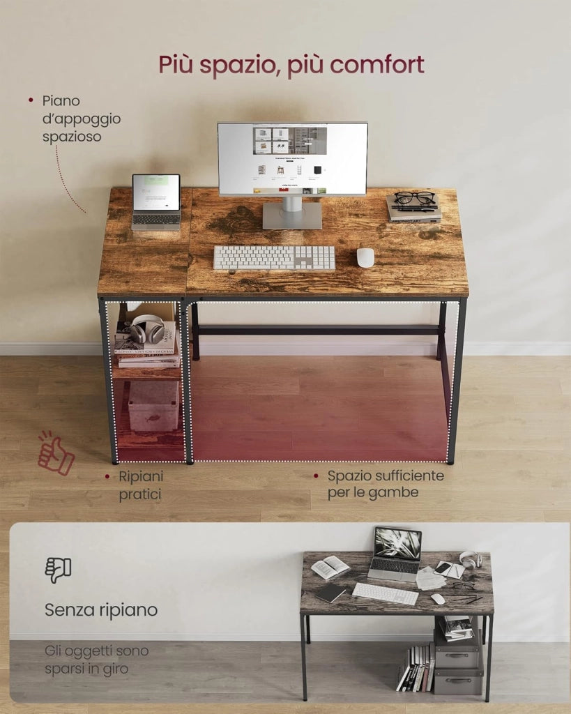 Scrivania per Computer, Scrittoio con 2 Ripiani a Sinistra o Destra, Tavolo da Lavoro, per Ufficio Soggiorno, Struttura in Acciaio, Industriale, Marrone Vintage e Nero LWD47X