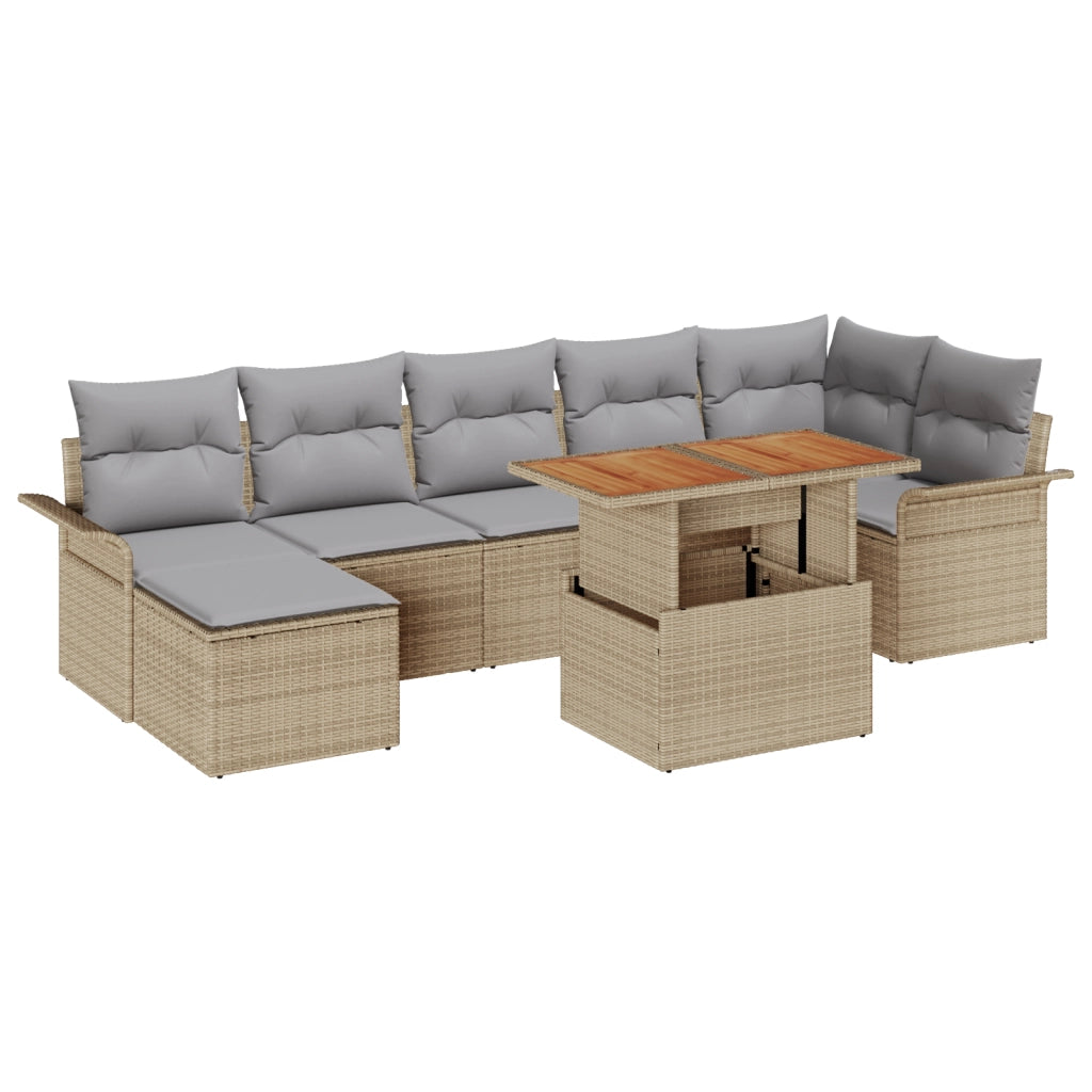 Set da Pranzo da Giardino a 8 Pezzi con Cuscini Beige Polyrattan Acacia