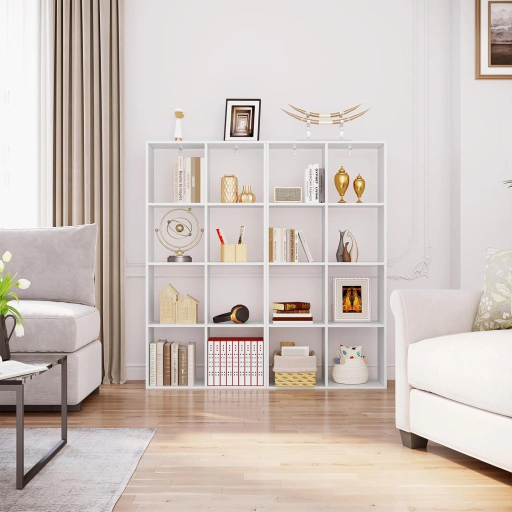 Scaffale da Soggiorno a 4 Ripiani, Libreria in Legno Salvaspazio con 8 Cubi Portaoggetti, Mobile Multiuso Moderno Bianco, per Studio, Camera da Letto, Cucina, Ufficio, 71x29x140.5cm