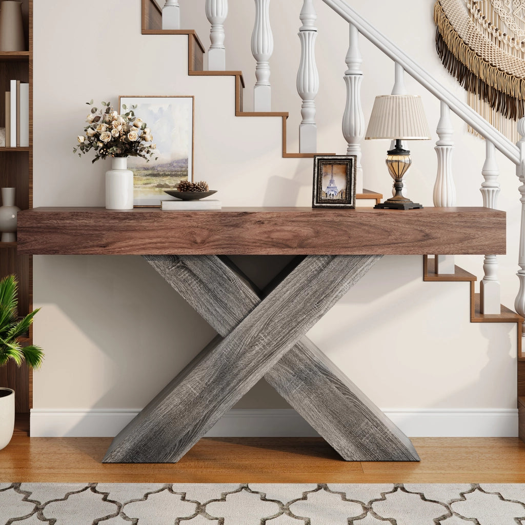 Consolle stretta con supporto a x, piano effetto legno e struttura in truciolare, noce, 140 × 30 × 80 cm