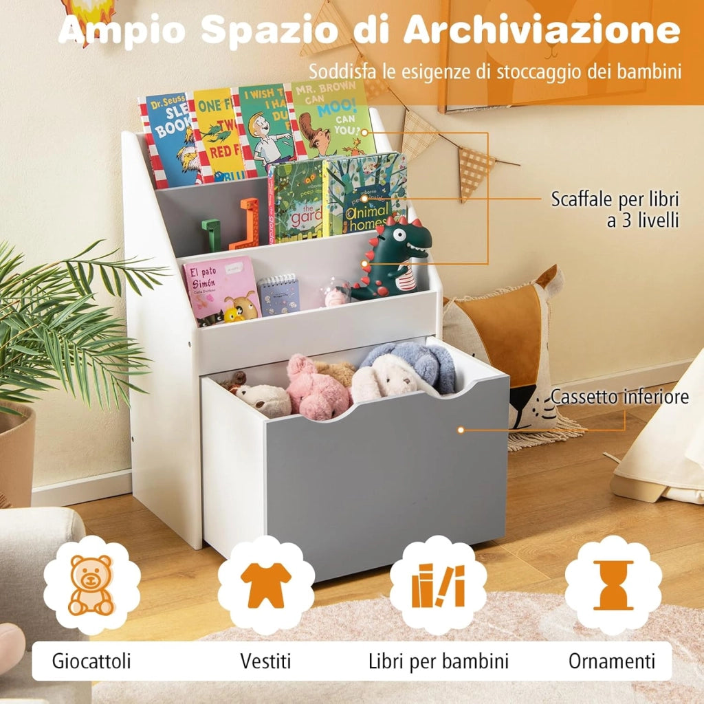 Libreria Montessoriana per Bambini, Scaffale per Libri a 3 Livelli con Cassetto Inferiore e 4 Ruote, per Cameretta, Stanza dei Giochi e Asilo, 50 x 28 x 70 cm, Grigio e Bianco