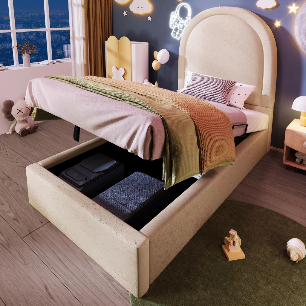 Letto Contenitore Letto Singolo 90×200 cm con Vano Sottoletto e Testiera Imbottita; senza Materasso; Beige