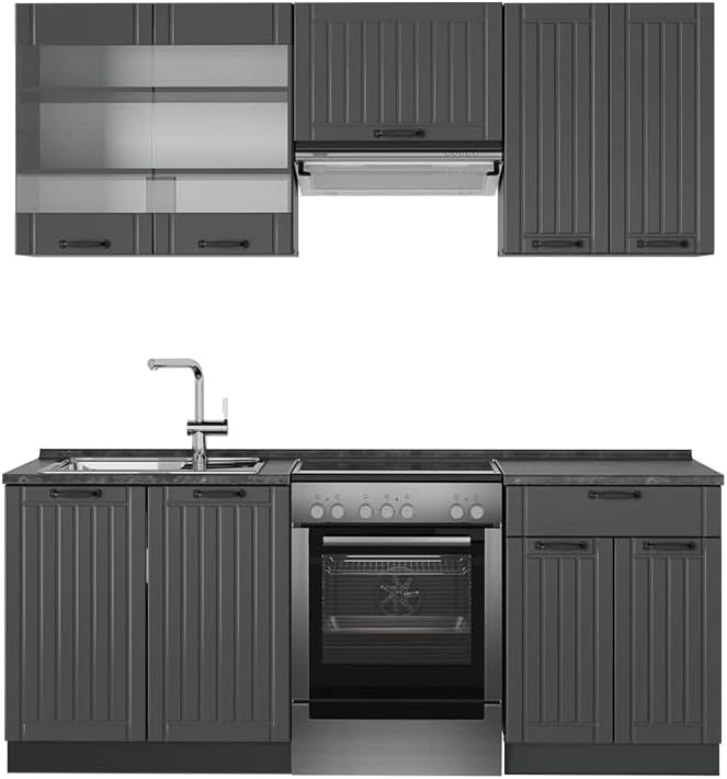 Cucina componibile Fame-Line, Grigio scuro, 200 cm senza piano di lavoro