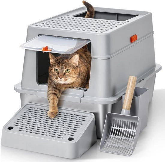 Cassetto per gatti in acciaio inossidabile XXL con coperchio, cassetto per gatti in acciaio inossidabile XXL con badile e pedali, resistente ai gas, grande cassetto per gatti per gatti, facile da pulire, cassetto per gatti non adesivo in metallo, grigio