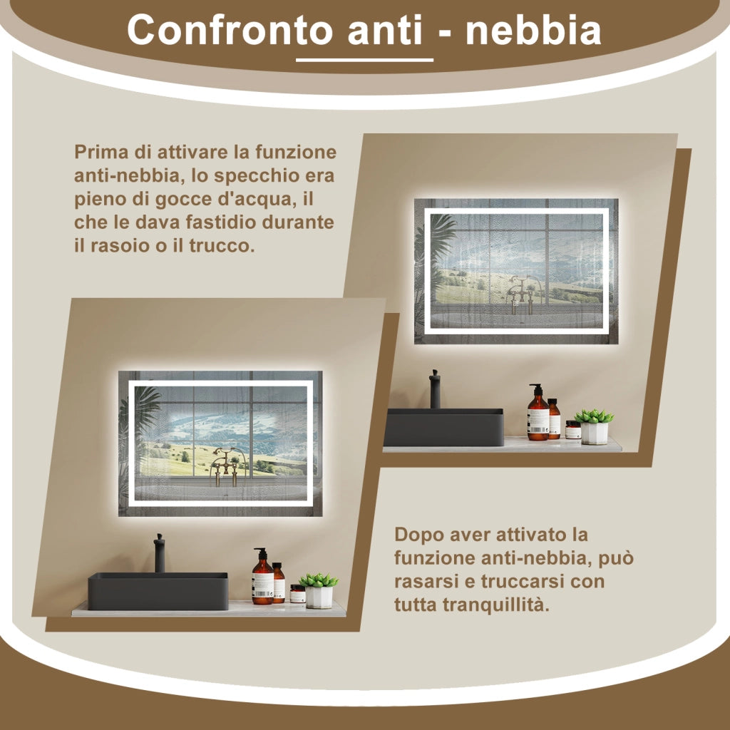 AICA Specchio Da Bagno Rettangolare Da 70x50cm con LED, Antiappannamento, 3 Temperature Colore