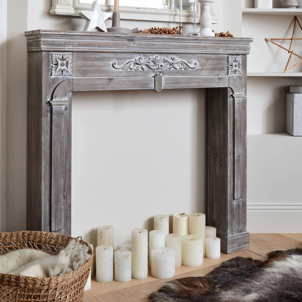 Cornice per caminetto effetto legno, grigio sbiancato