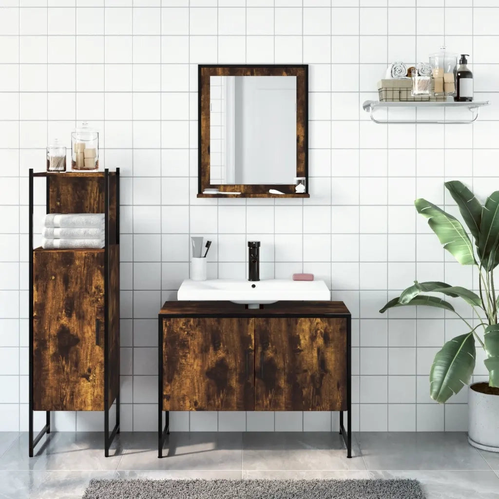 Set Mobili da Bagno 3 pz Rovere Fumo in Legno Multistrato 3214351