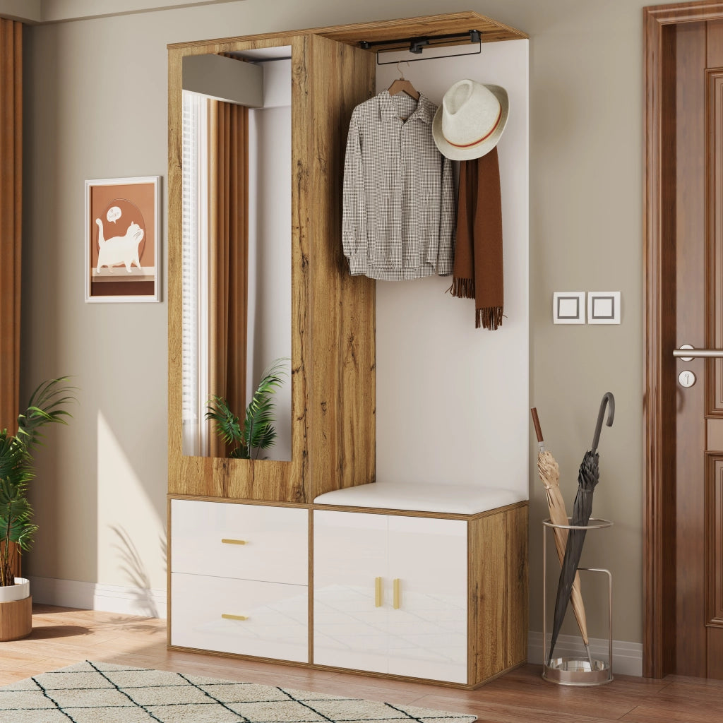 Mobile Ingresso con Specchio; Panca Scarpiera e Armadio Scarpiera con Barra Estraibile; 2 Ganci; Stile Moderno; in Truciolare; 100??38??180 cm; Bianco Naturale