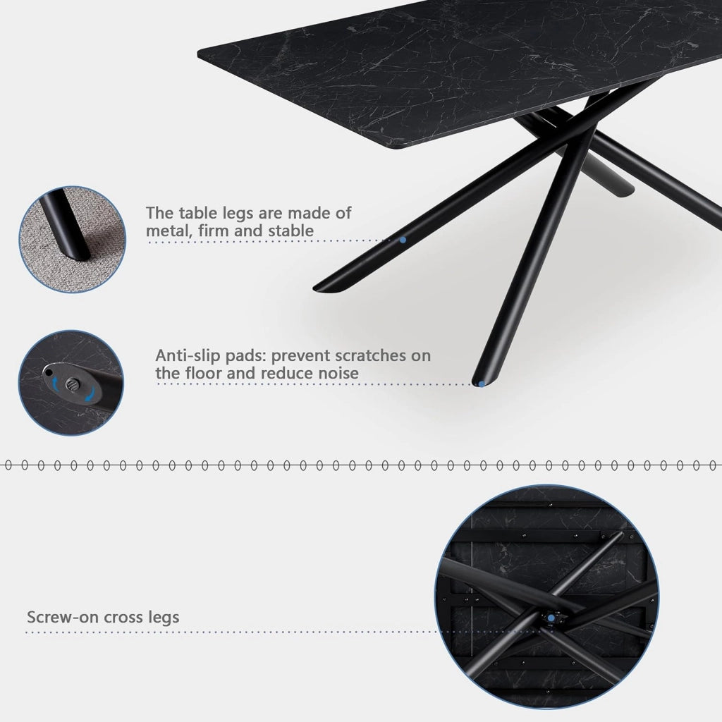 GrandCA HOME Tavolo da Pranzo Rettangolare, Tavolo da Cucina Moderno da 180 cm, Ampia Scrivania in MDF con Gambe in Metallo, per Sala da Pranzo, Soggiorno, Ufficio (Marmo Nero)