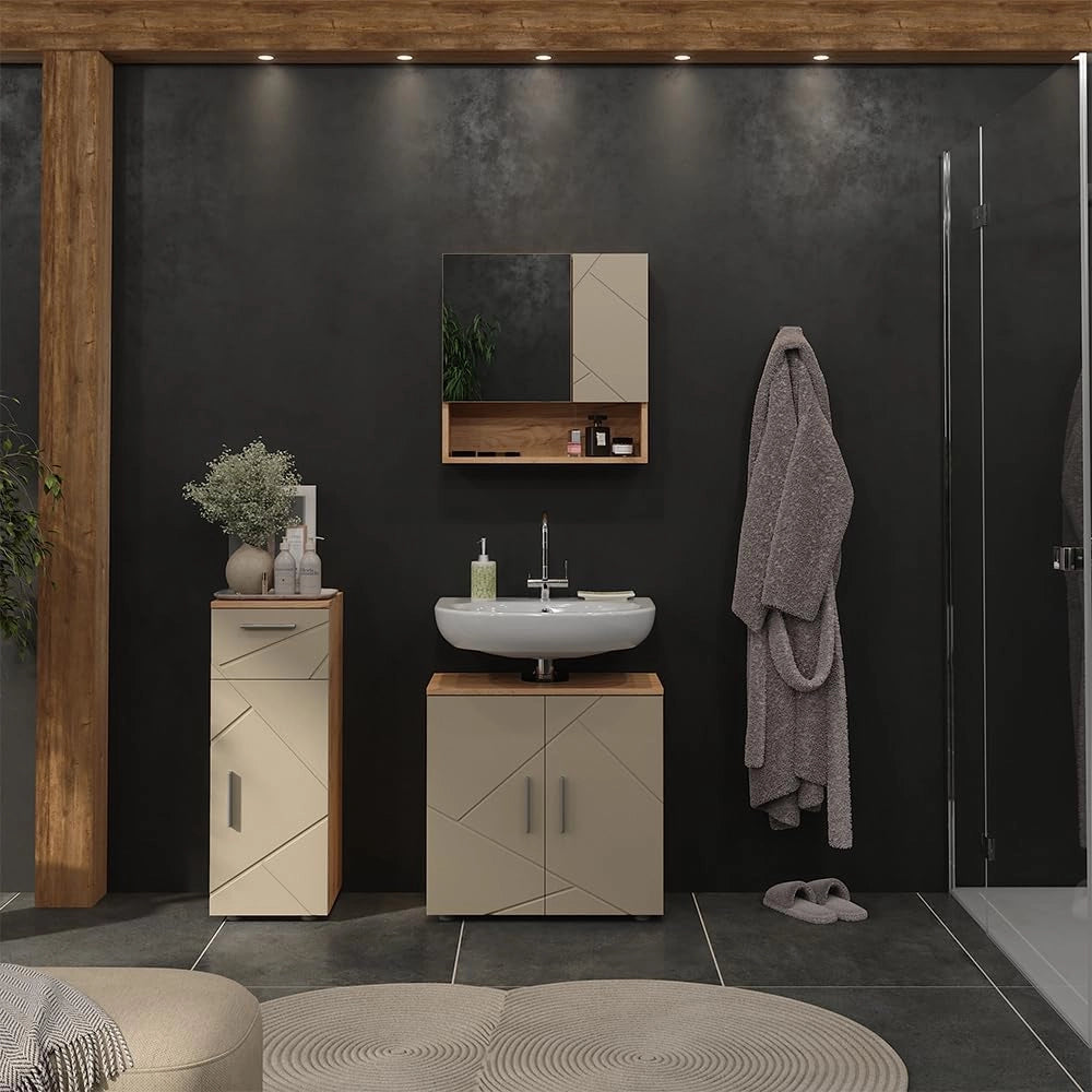 Set di mobili da bagno Irma, Beige, 60 cm, composto da mobile sottolavabo, specchiera e mobile medio