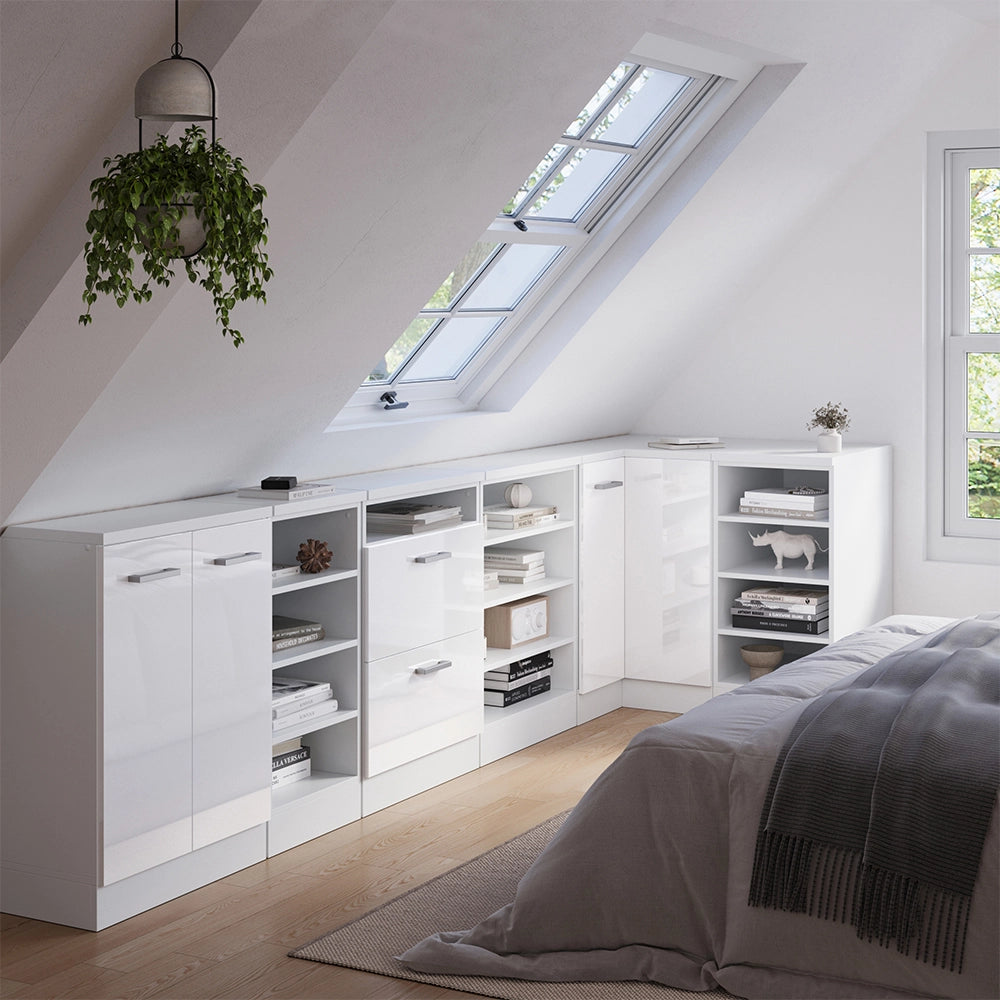 Mobile cucina angolare per sottotetto R-Line Bianco lucido/Bianco 75.6 cm con 1 porta, carcassa dell’armadio profondità 60 cm Vicco